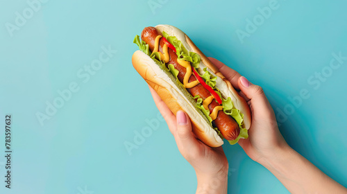 Woman hand holding delicious hot dog , on pastel blue background photo