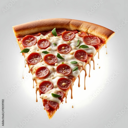 Piece of pizza with papironi, cheese, basel, olives, on a white background, generated by ai