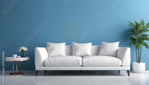 Relaxation room with a blue background and a white sofa. Generative AI.