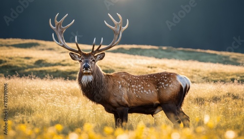 Wallpaper Mural A majestic elk stands proudly in a golden meadow, with a radiant backdrop of soft sunlight filtering through.. AI Generation Torontodigital.ca