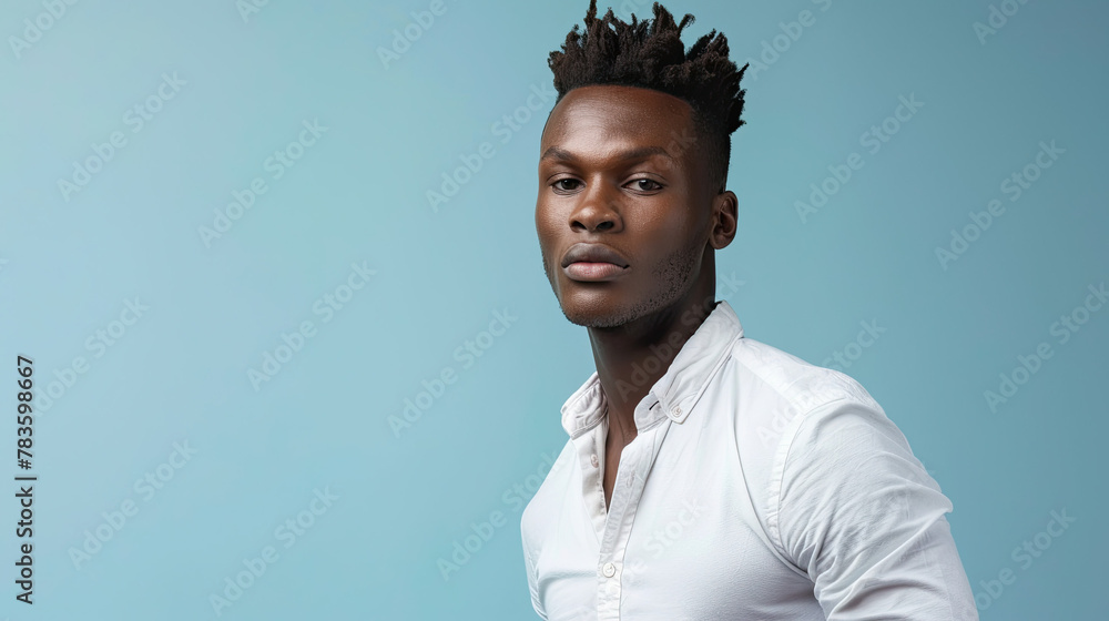 Obraz premium Stylish young african male model on pastel blue background