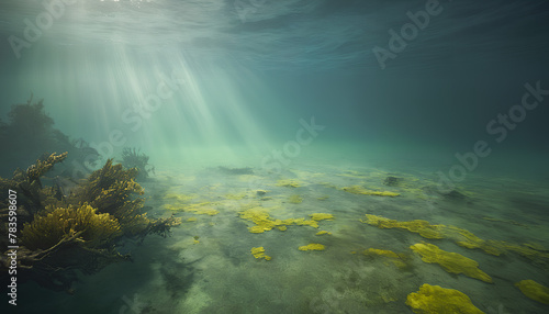 Polluted oceans with dirty and murky green water. Generative AI.