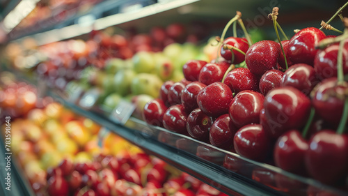 Cherries and other fruits on display at a supermarket