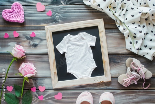 Pregnancy announcement with pink balloons and roses, featuring a black letterboard and baby onesie for an intimate family celebration of the upcoming birth, joy and anticipation photo