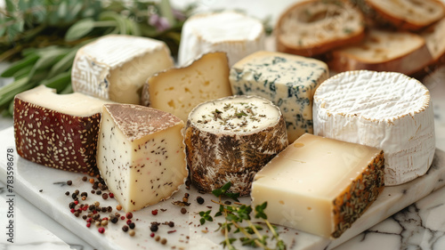 Assorted cheeses on marble with spices.