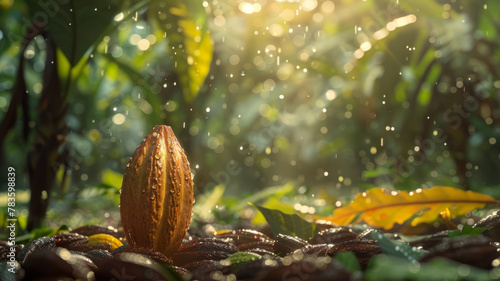 Cacao pod in a tropical setting photo