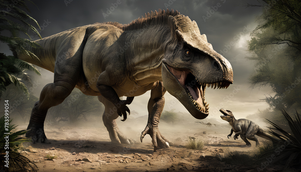 Fototapeta premium Great dinosaur. Dinosaur era. Menacing teeth. Generative AI.