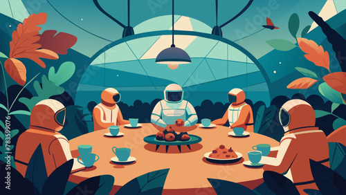 A glimpse of astronauts gathered in a spacious domelike structure surrounded by flowering plants and futuristic food synthesizers as they take a