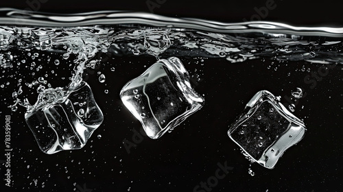  Ice cubes falling into the water. Ice cubes in water on a black background