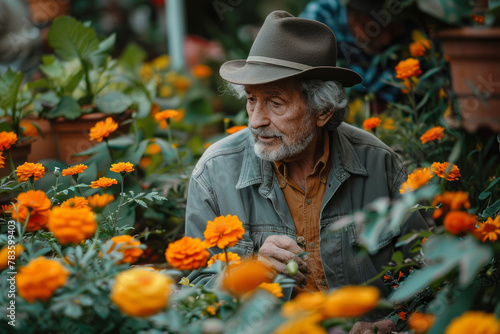 A scene in a garden where an old gardener speaks to his plants, the flowers leaning in towards him,