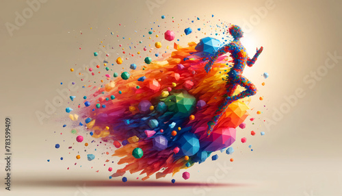 a person in motion, their form transforming into an explosion of colorful geometric shapes photo