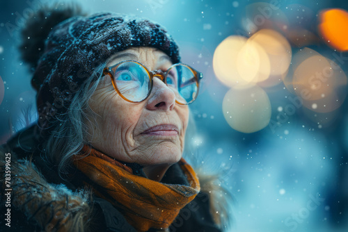 A senior woman on a journey to see the Northern Lights, where the colors transform into visions of h