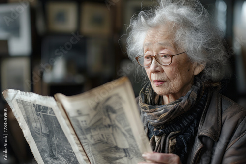 An elderly artist examines sketches from her early career, and each drawing briefly animates, showin