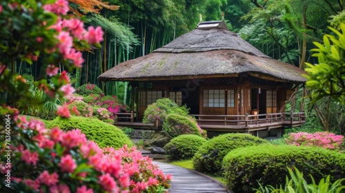 A traditional Japanese tea house with a rustic thatched roof surrounded by a sea of vibrant flowers and towering bamboo creating a . .