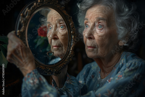 An elderly woman holds an antique mirror, and reflections of her youthful days play across the surfa