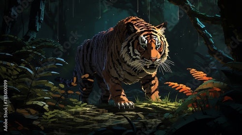 Craft a pixel art version of a fierce tiger hunting its prey in a dense jungle  showcasing the essence of survival Blend the intensity of drone photography.