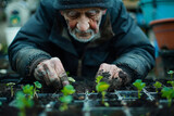An image of an elderly person in a gardening class, planting a seed that sprouts instantaneously, sy