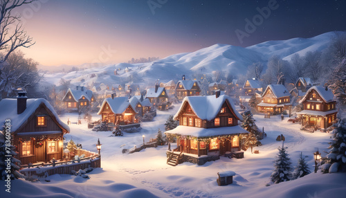 Winter landscape featuring cottages and mountains. Generative AI.   © 4K_Heaven