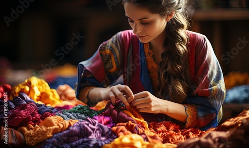 Woman Sewing Cloth on Ground