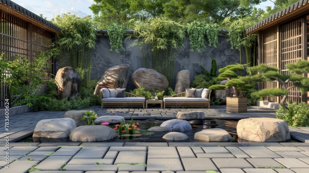 Blank mockup of a Zeninspired outdoor seating area with a bamboo accents a koi pond and Japanesestyle seating. . Blank mockup of a Zeninspired outdoor seating area with a bamboo accents a koi pond and Japanesestyle seating. .