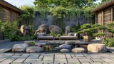 Blank mockup of a Zeninspired outdoor seating area with a bamboo accents a koi pond and Japanesestyle seating. .