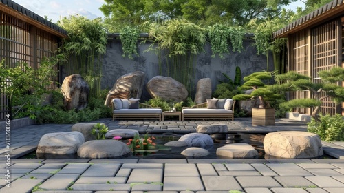 Blank mockup of a Zeninspired outdoor seating area with a bamboo accents a koi pond and Japanesestyle seating. . photo