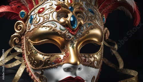 Carnival masks adorned with gold and gemstones. Generative AI.