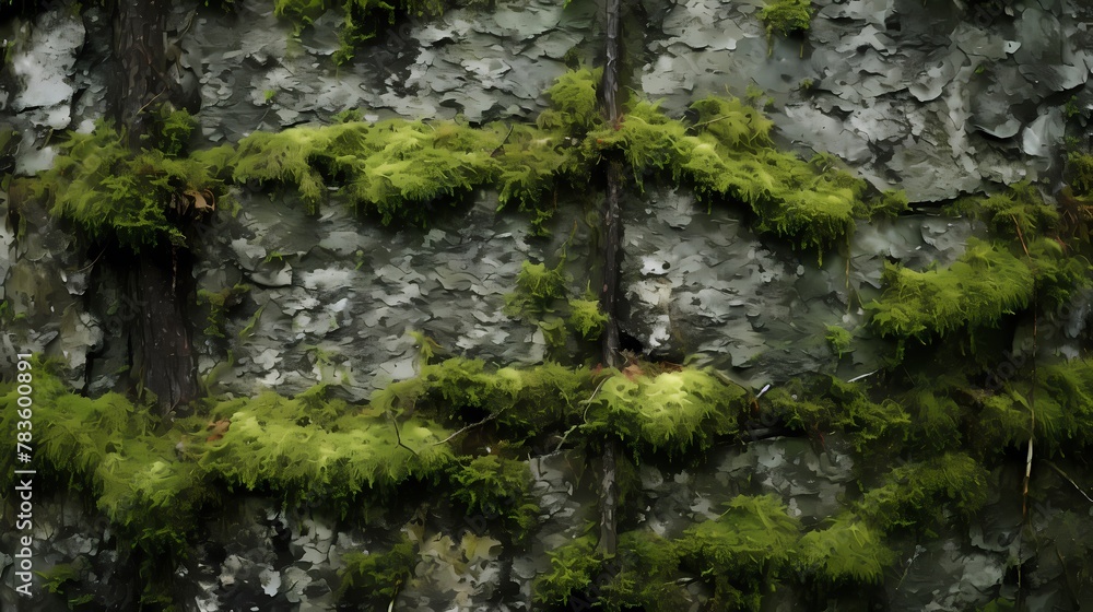 A textured background of rough tree bark, with moss and lichen adding depth and contrast