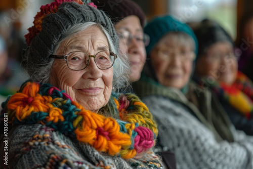 A knitting circle in the community center where the yarn used is infused with joy, and the products