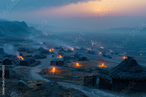 A panoramic view of a Neanderthal settlement at twilight, with smoke rising from fires and figures m