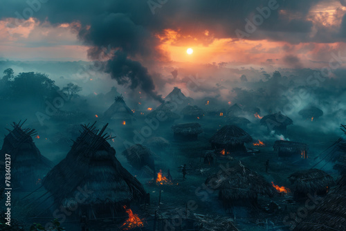 A panoramic view of a Neanderthal settlement at twilight, with smoke rising from fires and figures m photo