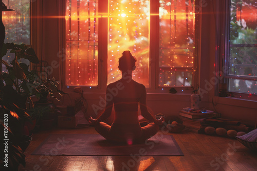 A person practicing yoga in their living room, surrounded by a gentle aura that changes colors to re