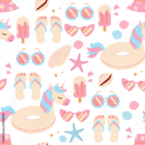 Pattern with summer accessories. Seamless pattern with pool rubber ring, ice cream, sunglasses, panama, flip flops, starfish. Fun rubber rings in the form of unicorn