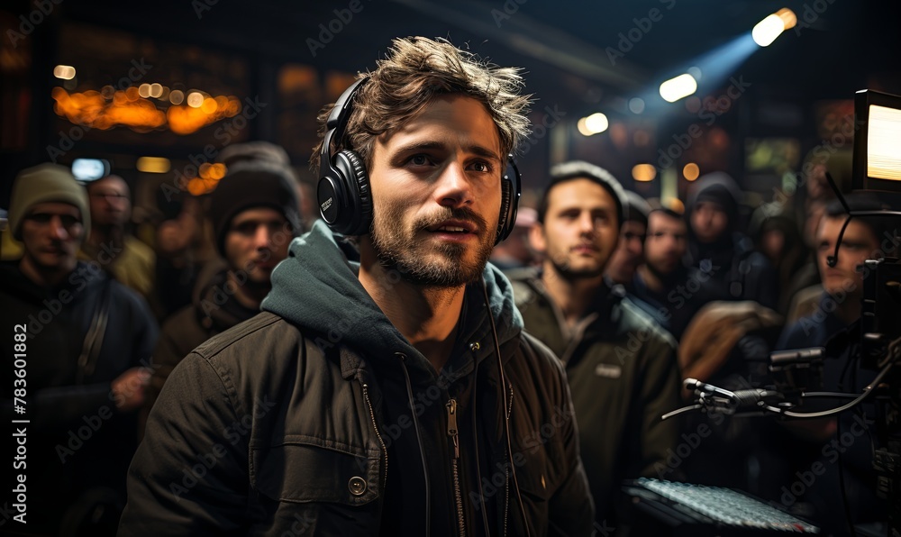 Man With Headphones Standing in Front of Camera