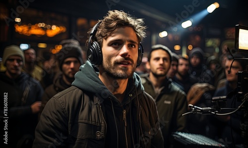 Man With Headphones Standing in Front of Camera photo