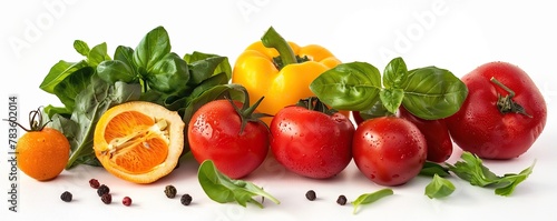 Fresh vegetables and fruits on a white background