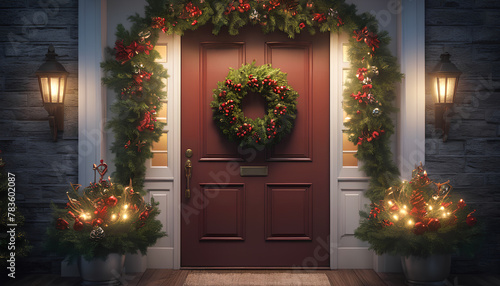 Holiday decorations on the doors. Generative AI.   © 4K_Heaven