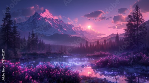sunset in the Bioluminescent Forest and Surreal Landscapes of an Alien World widescreen wallpaper #783602297