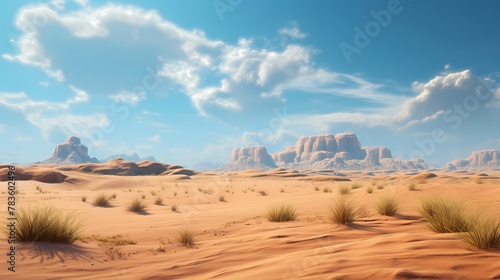 A textured desert landscape, with sand dunes sculpted by the wind and occasional desert vegetation dotting the scene photo