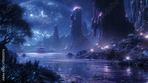 night landscape in a Distant World with Bioluminescent Flora widescreen wallpaper