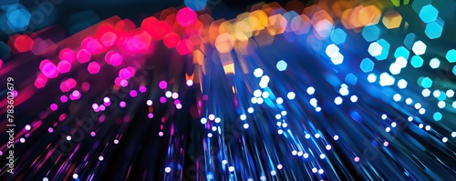 Close-up of a bundle of fiber optic cables of various colors from a bright fiber optic array