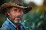Close-up of a seasoned man with weathered features wearing a cowboy hat outdoors with greenery