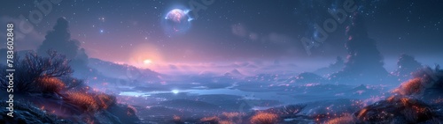 sunset over the mountains Mysterious Landscapes of a Distant World, super ultrawide wallpaper