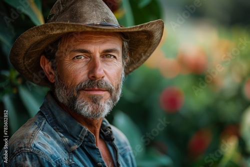 Mature man wearing denim hat standing in an orchard, evoking a sense of nature and tranquility