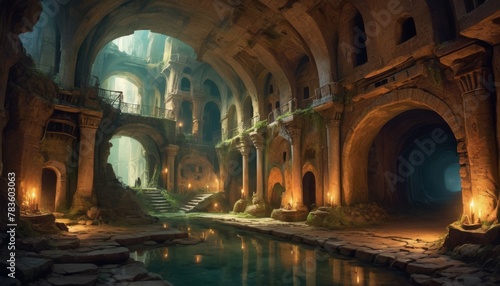 An ancient cavern with majestic arches and a serene pool  illuminated by ethereal light and torches. AI Generation