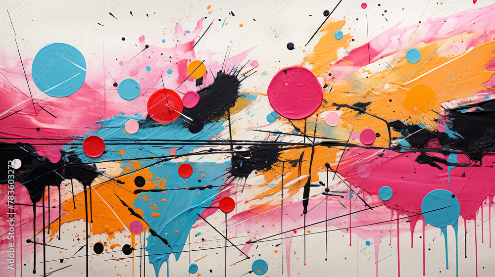 Obraz premium An abstract collage of spray paint splotches, stripes and designs. The painting is has a lot of energy and movement. The colors are bright and bold, creating a sense of excitement