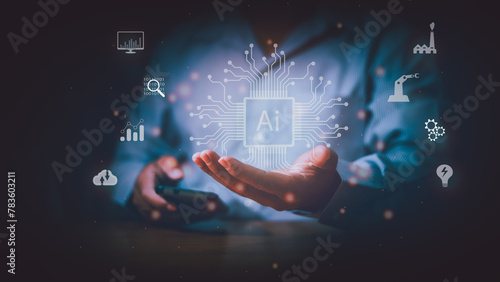 Businessman experiences artificial intelligence (AI) functionality in future business and software development, coding interfaces and synchronizing network connections, IoT, AI control, innovation