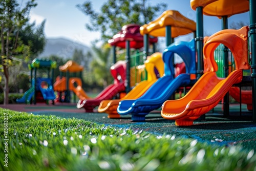 Wallpaper Mural The morning dew glints on the grass of this playground with bright slides and climbing frames, bathed in soft light Torontodigital.ca