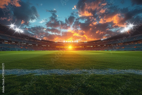 A captivating view of a sunset behind an empty soccer stadium, showcasing the field and stands photo