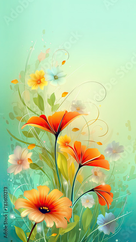 Beautiful dreamy spring nature background with orange flowers on green backdrop. Greeting card concept. Vertical picture, copy space for text